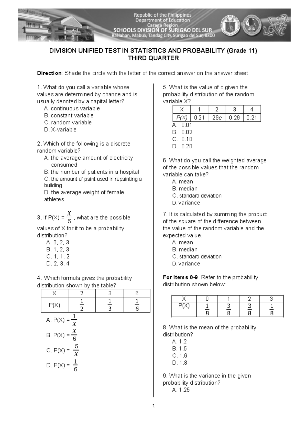 444663632 Division Unified Test in Statistics and Probability Quarter 3 ...