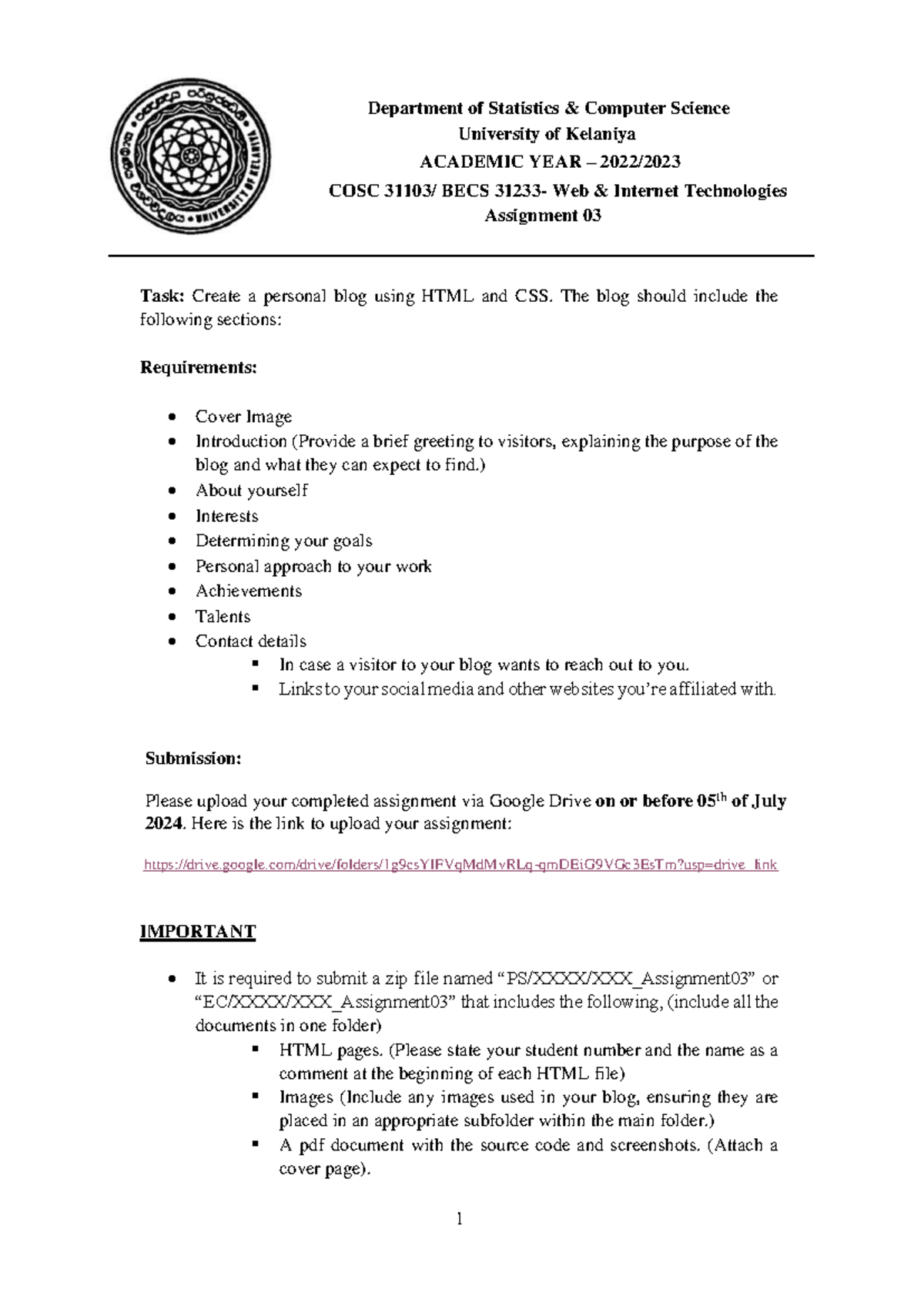 Asssignment 03 - How to create personal blog using HTML and CSS - 1 ...