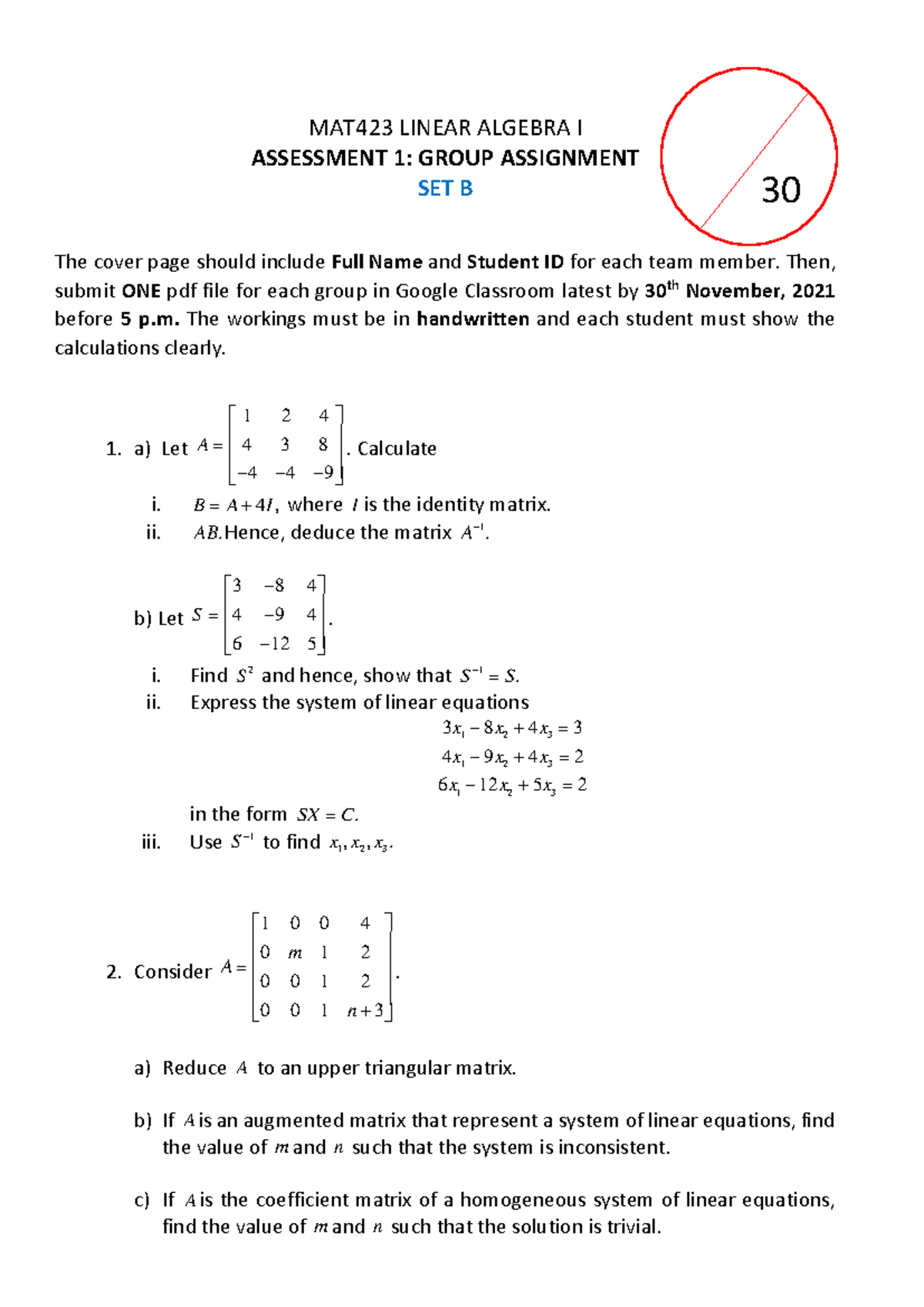 MAT423 LINEAR ALGEBRA I ASSESSMENT 1 GROUP ASSIGNMENT SET B MAT423