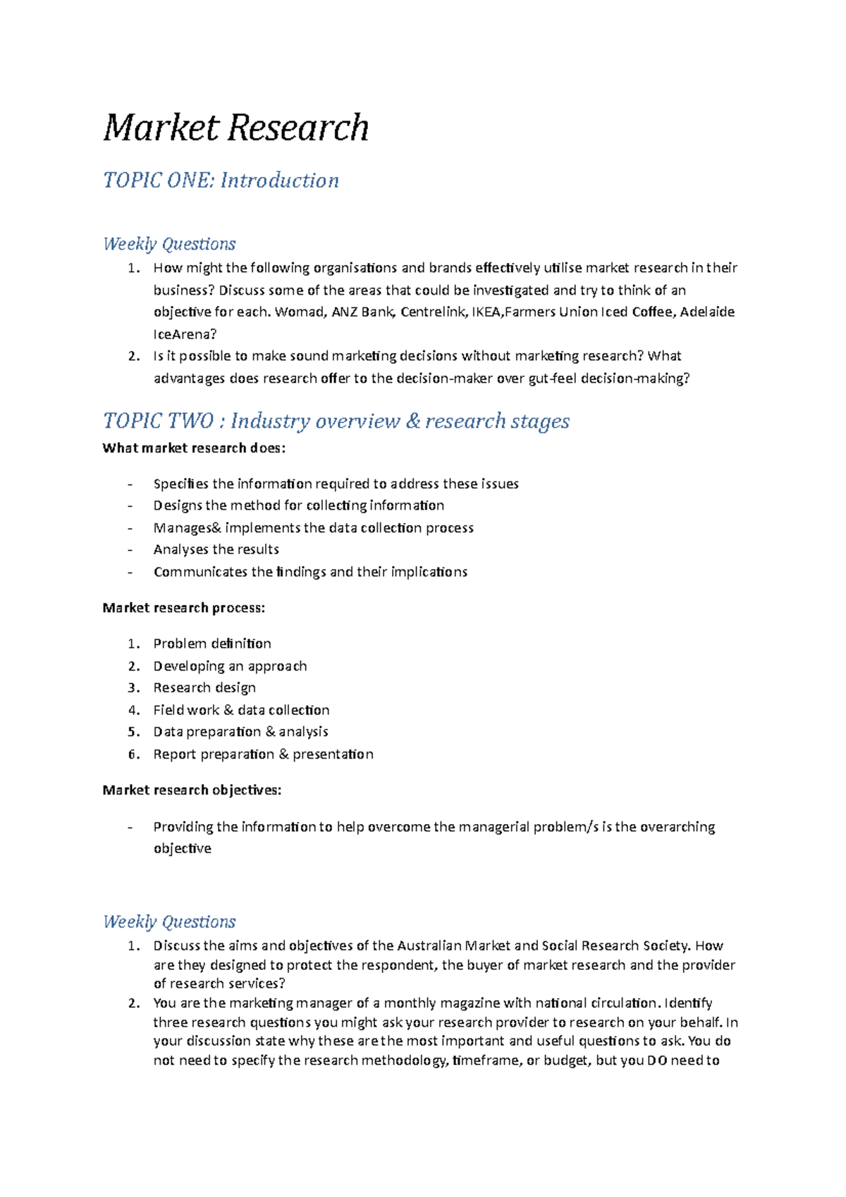 Lecture Notes, Market Research Notes Market Research TOPIC ONE