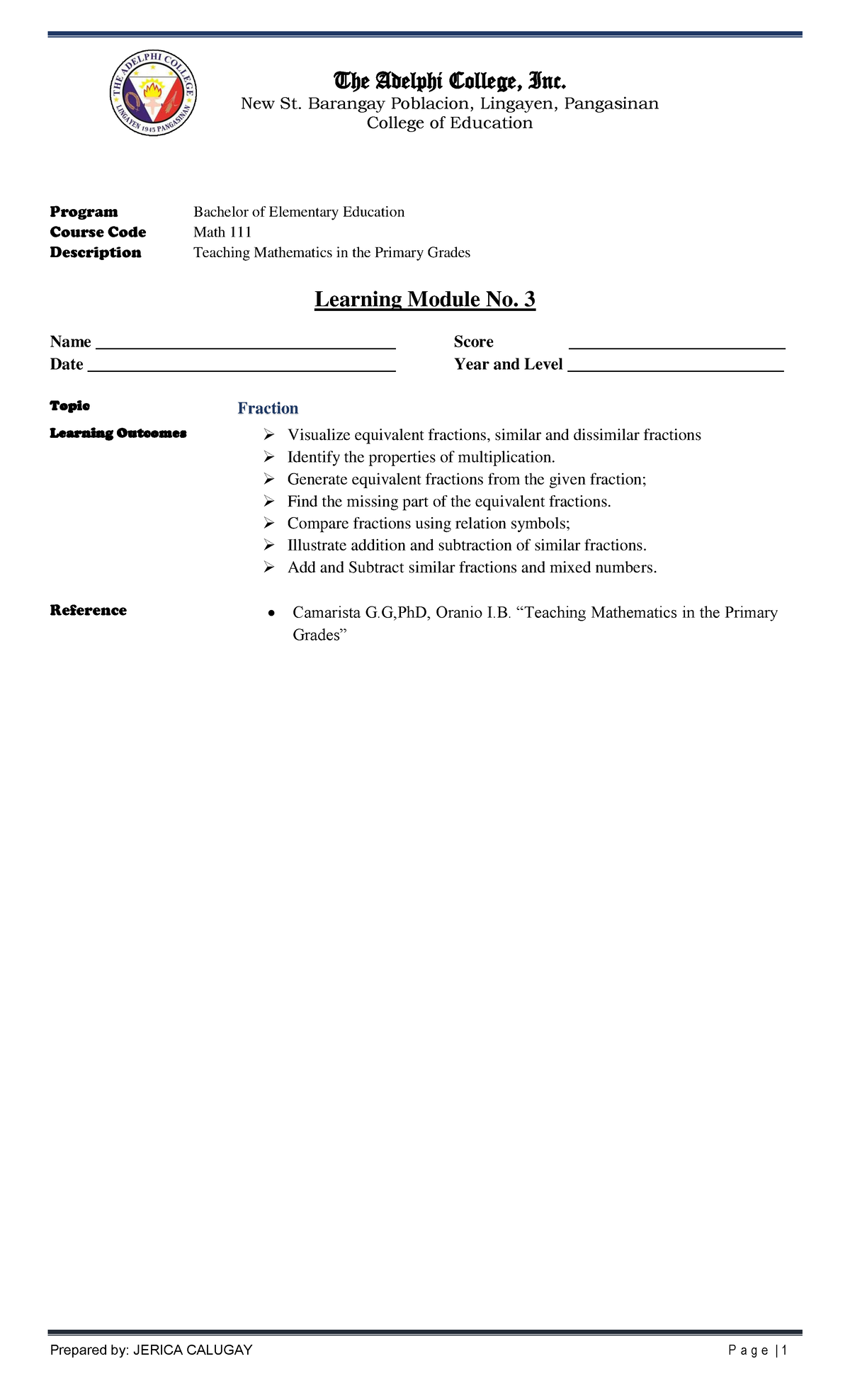 Math 111 - Teaching Mathematics in Primary Grades(BEED) Module 3 - New ...
