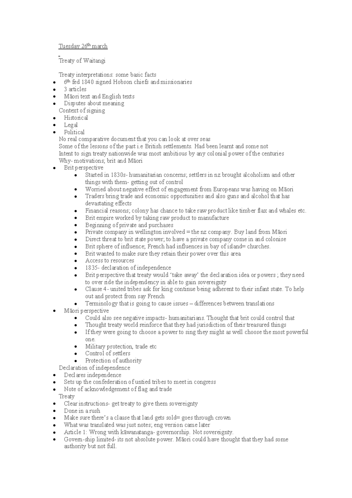 Treaty of Waitangi Notes - Tuesday 26th march Treaty of Waitangi Treaty ...
