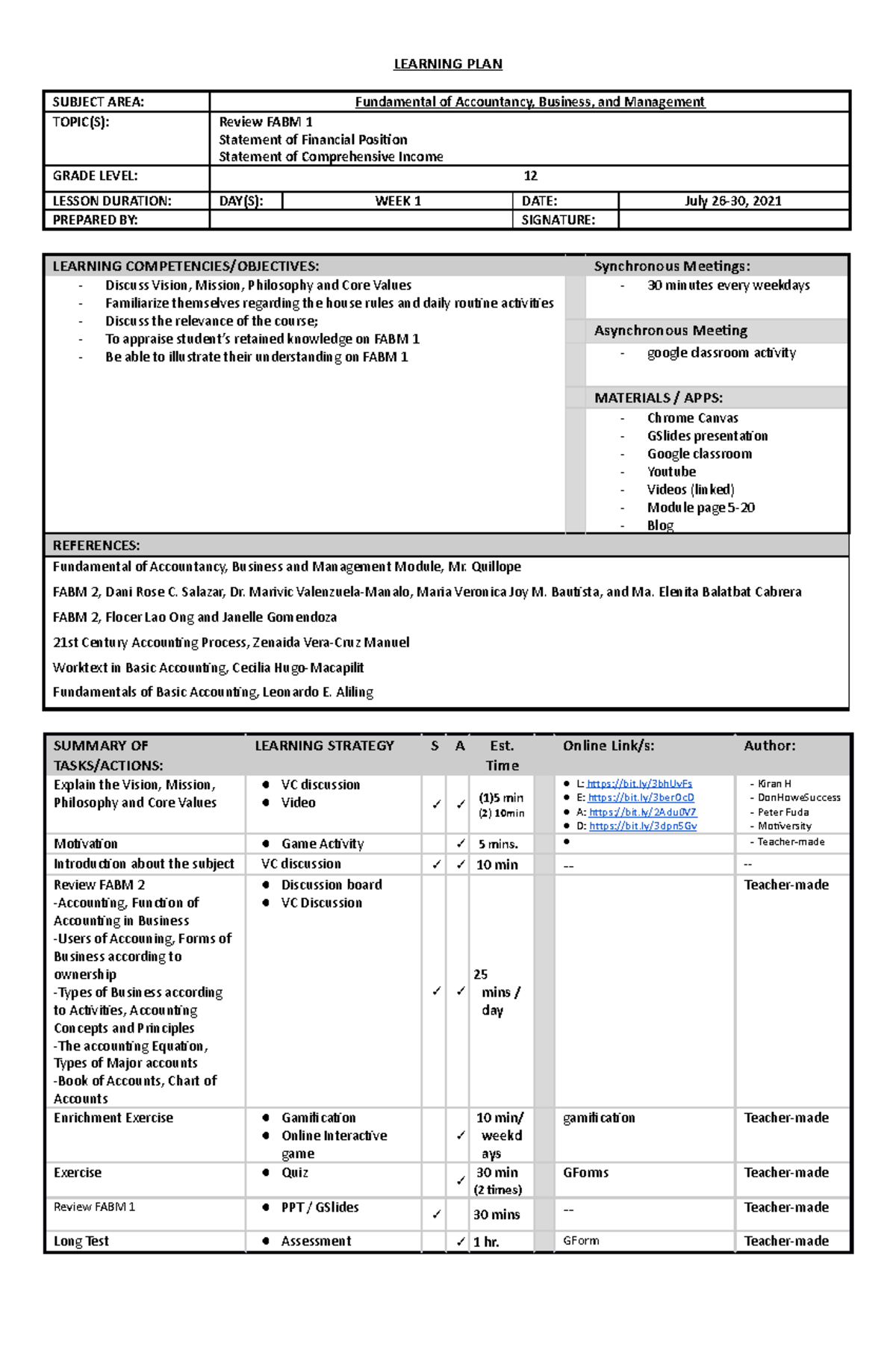 FABM 2 Lesson Plan - LEARNING PLAN SUBJECT AREA: Fundamental of ...