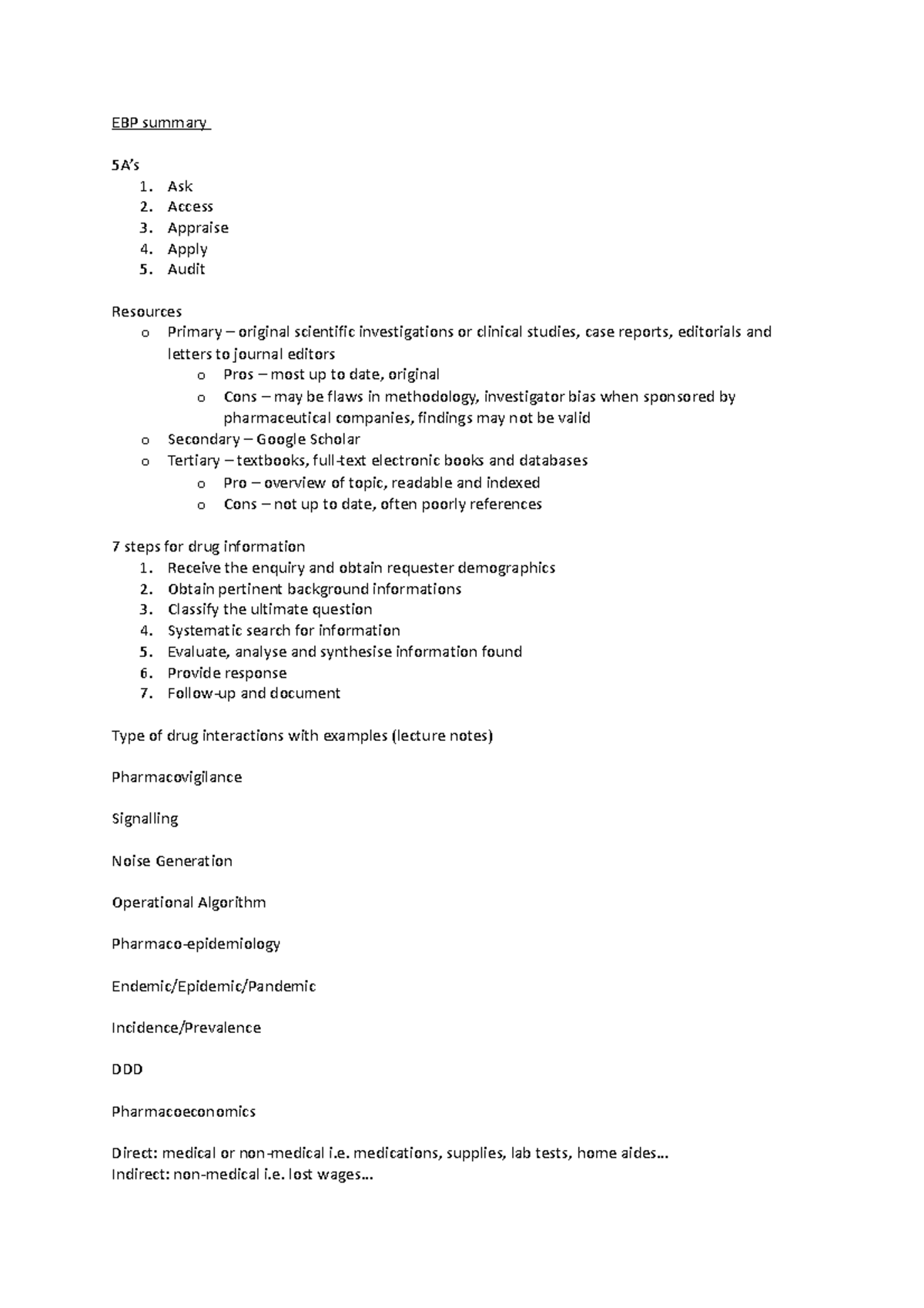 EBP finals notes - EBP summary 5A’s 1. Ask 2. Access 3. Appraise 4 ...