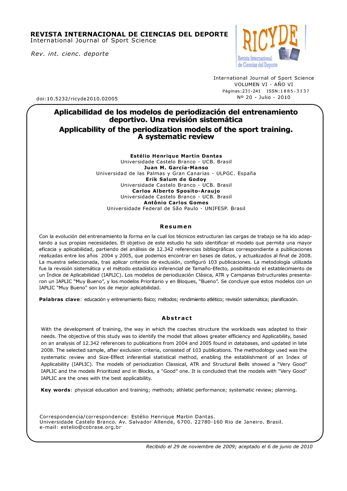 Artículo. Aplicabilidad Modelos Periodizacion - Rev. Int. Cienc ...