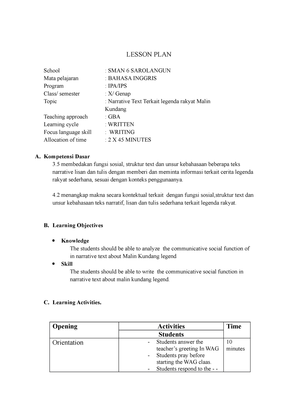 RPP SMAN BY NOVIA ANDAYANI - LESSON PLAN School : SMAN 6 SAROLANGUN ...