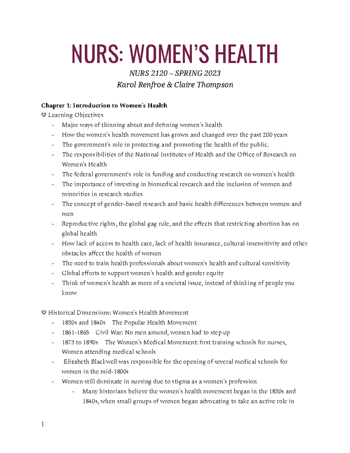 NURS Women's Health Unit 1 Test 1 NURS WOMEN’S HEALTH NURS 2120 SPRING 2023 Karol Renfroe