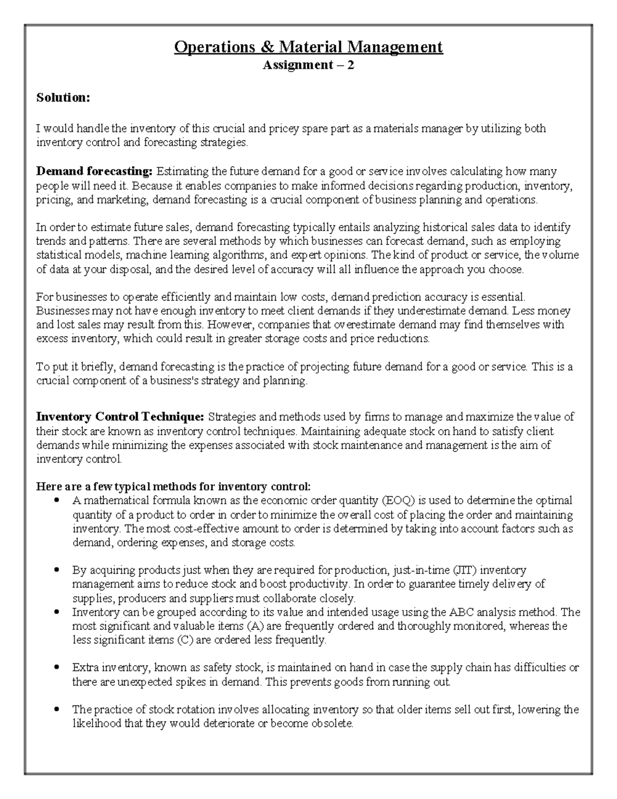 OPM Assignment 2 Operations & Material Management Assignment 2