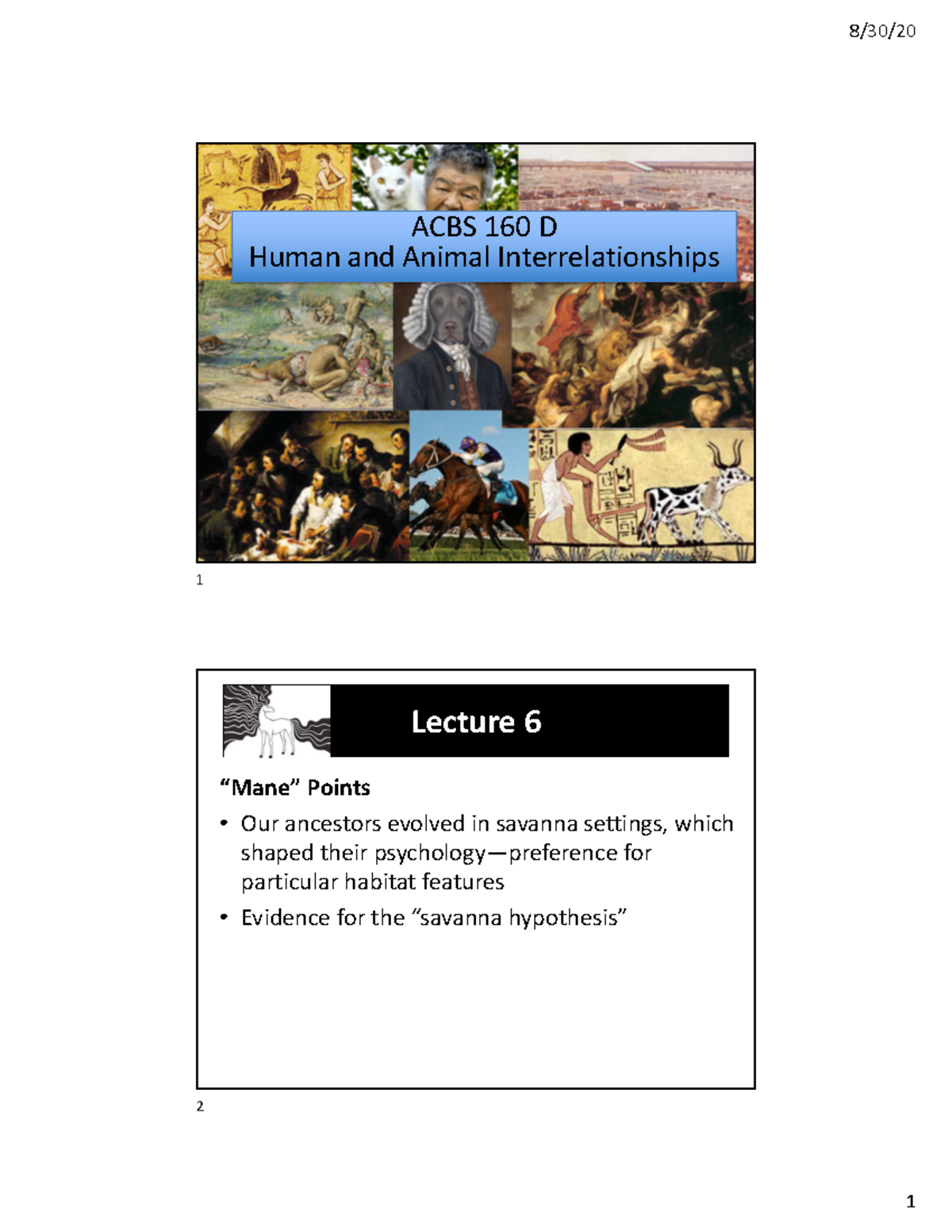 Lecture 06 Landscape Prefs - ACBS 160 D Human And Animal ...