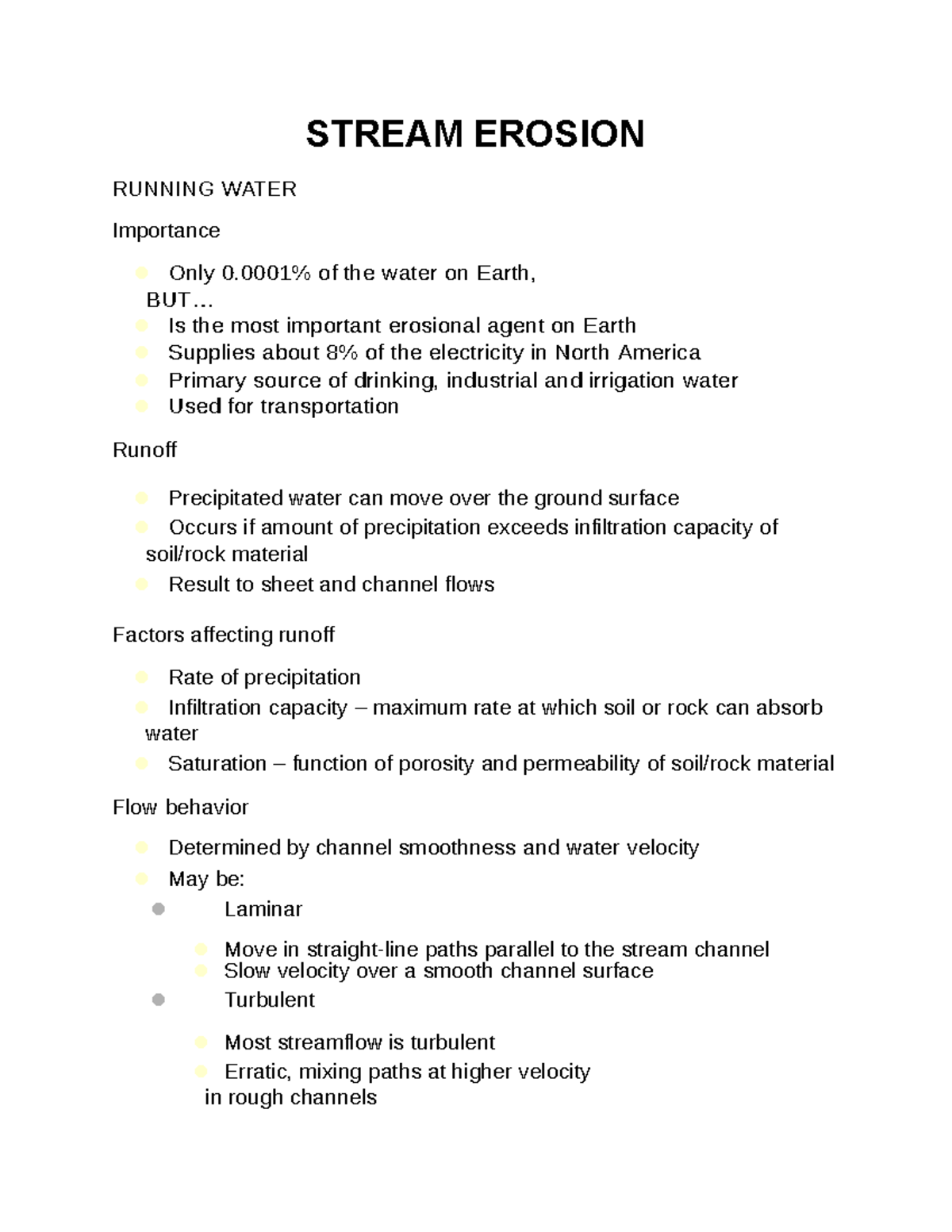 Stream Erosion Summary - STREAM EROSION RUNNING WATER Importance Only 0 ...
