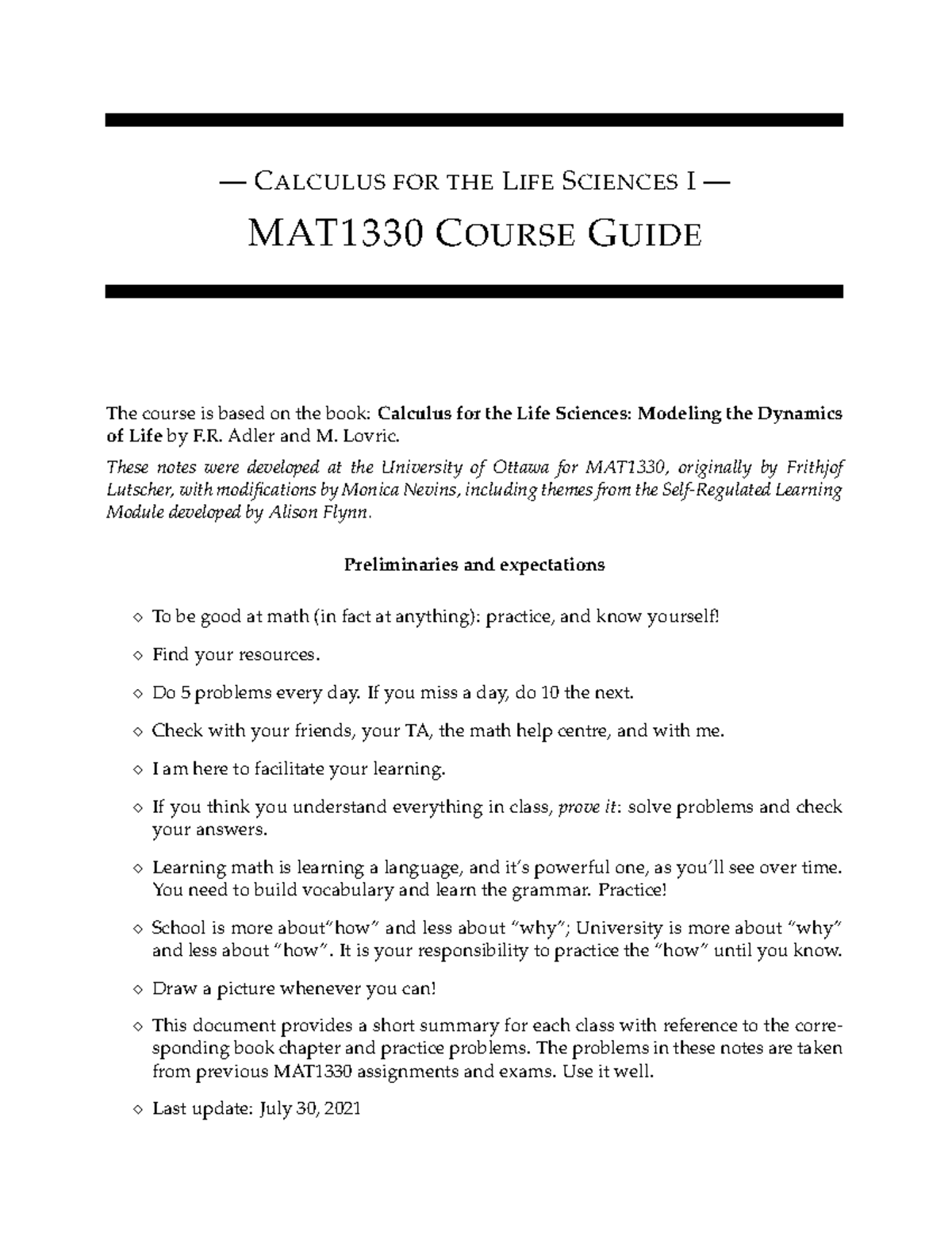 2021 MAT1330 Course Guide 1 - — CALCULUS FOR THELIFESCIENCESI — MAT1330 ...