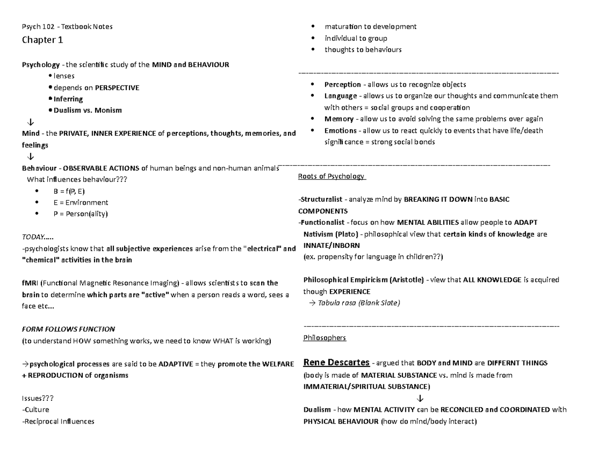 Summary - 1,2,11 - Psych 102 Textbook Notes Chapter 1 maturation to ...