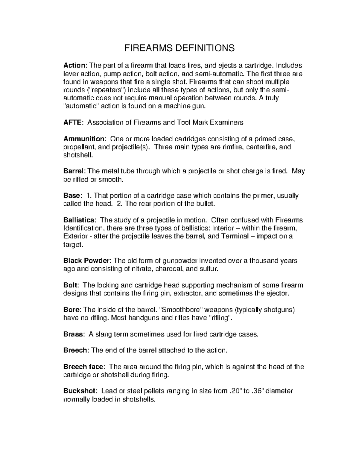 Firearms Definitions - FIREARMS DEFINITIONS Action : The part of a ...