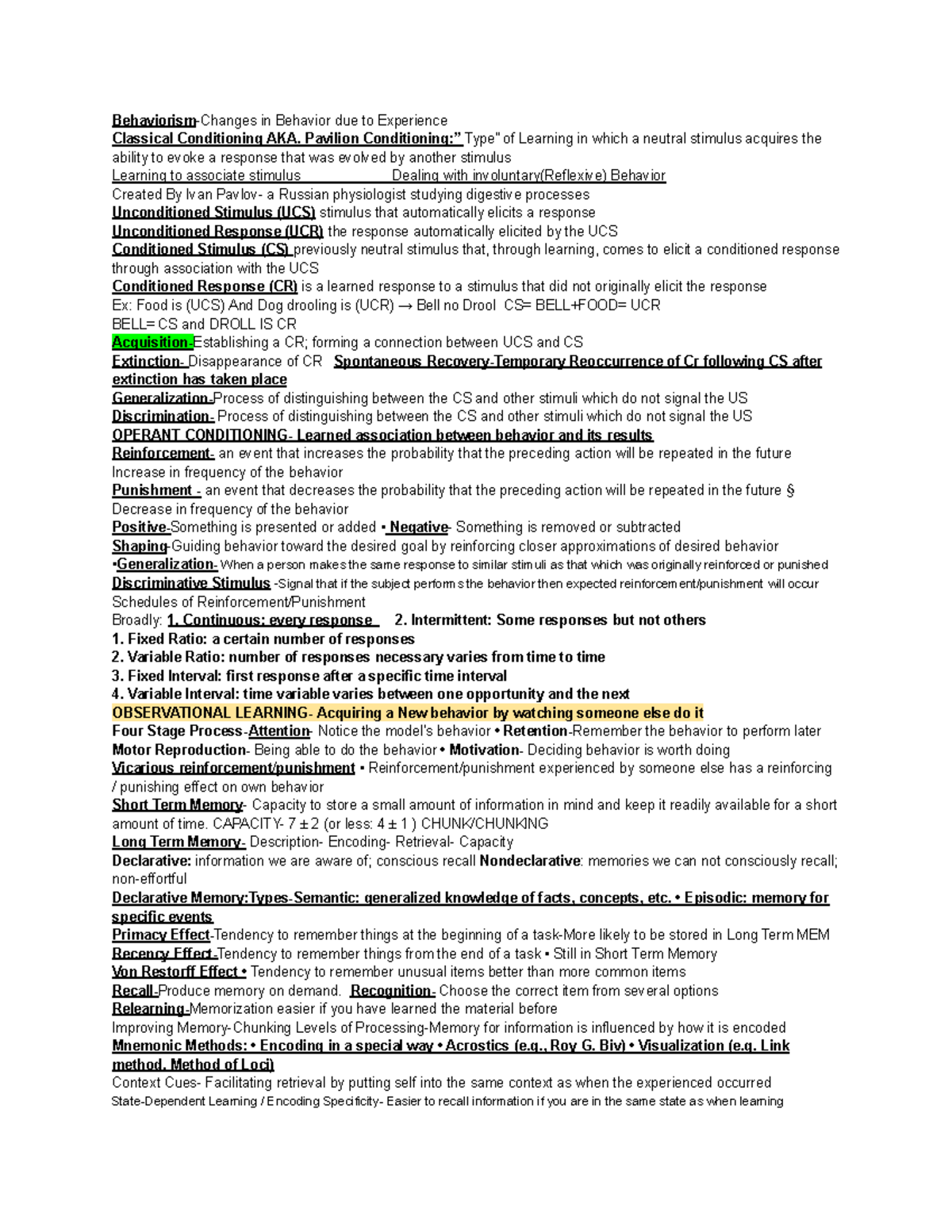 Cheat Sheet for PSY 101 - Behaviorism-Changes in Behavior due to ...