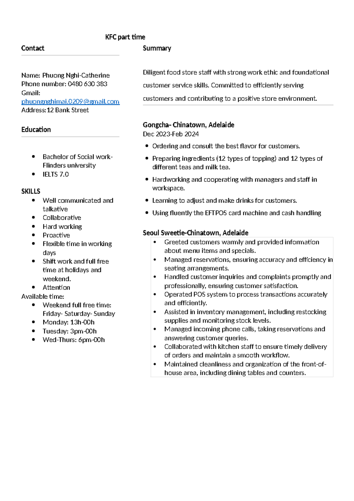 SEEK resume template 2 - erwd - CV cvFull Name KFC part time Contact ...