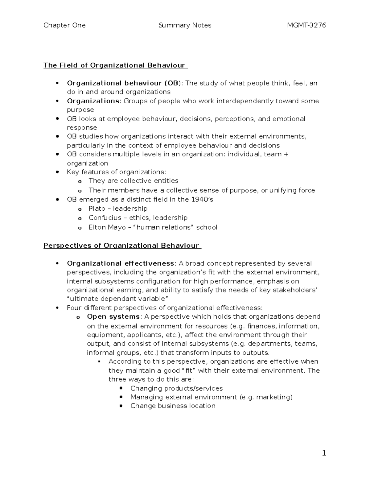 Chapter 1 - The Field of Organizational Behaviour Organizational ...