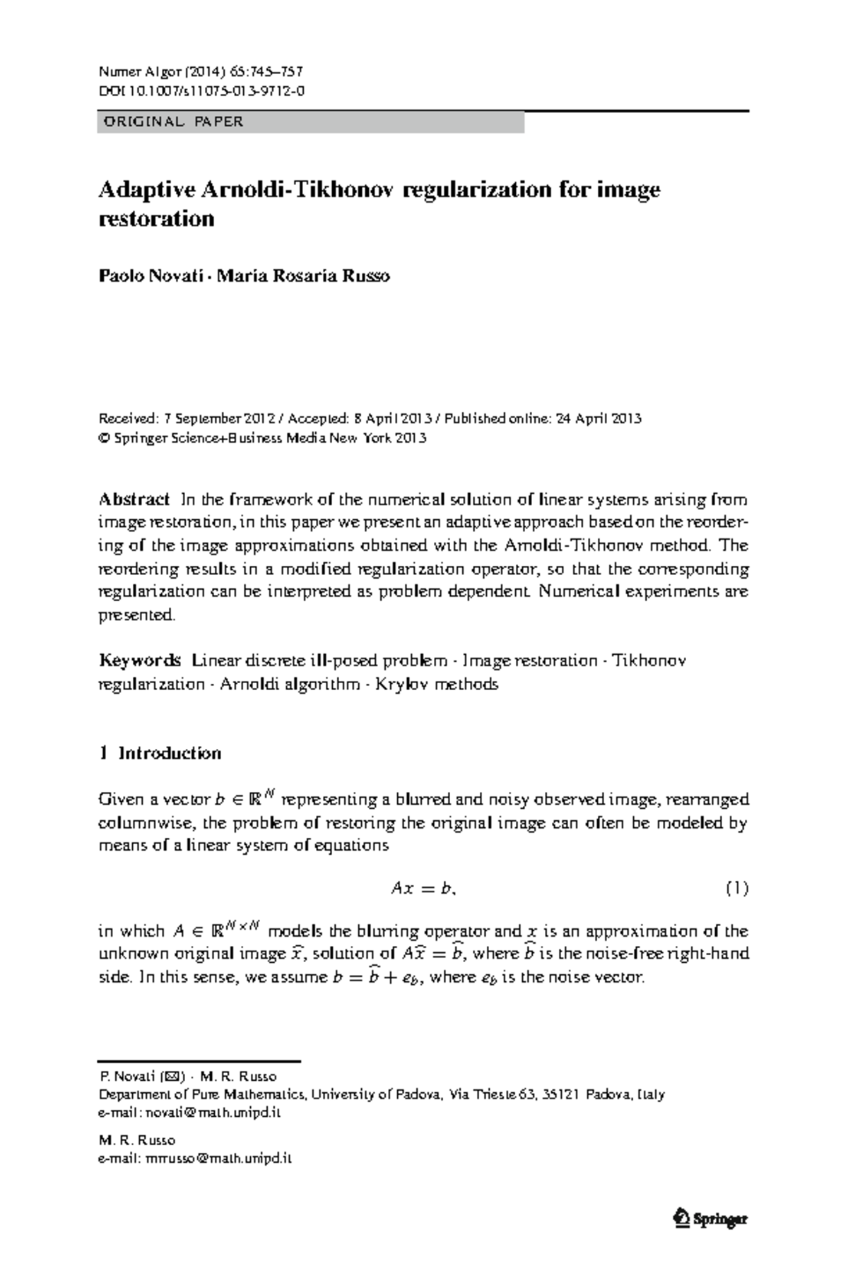 Tikhonov Regularization method - DOI 10/s11075-013-9712- ORIGINAL PAPER ...