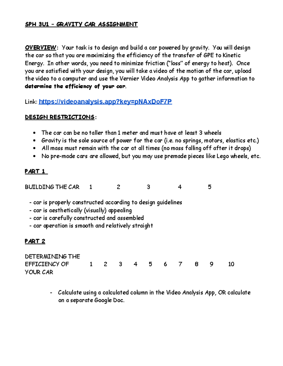 Gravity car instructions SPH 3U1 GRAVITY CAR ASSIGNMENT OVERVIEW