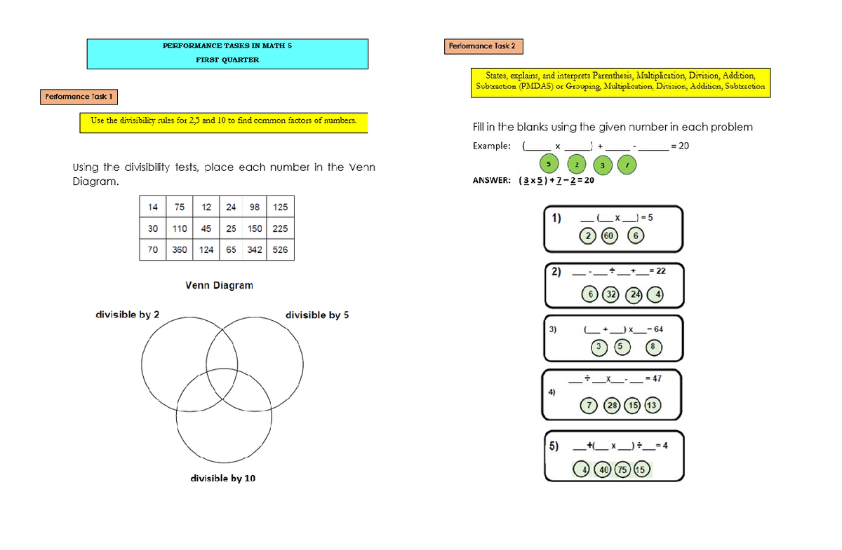 Performance Task in Math 5 - Mathematics 7 - Studocu