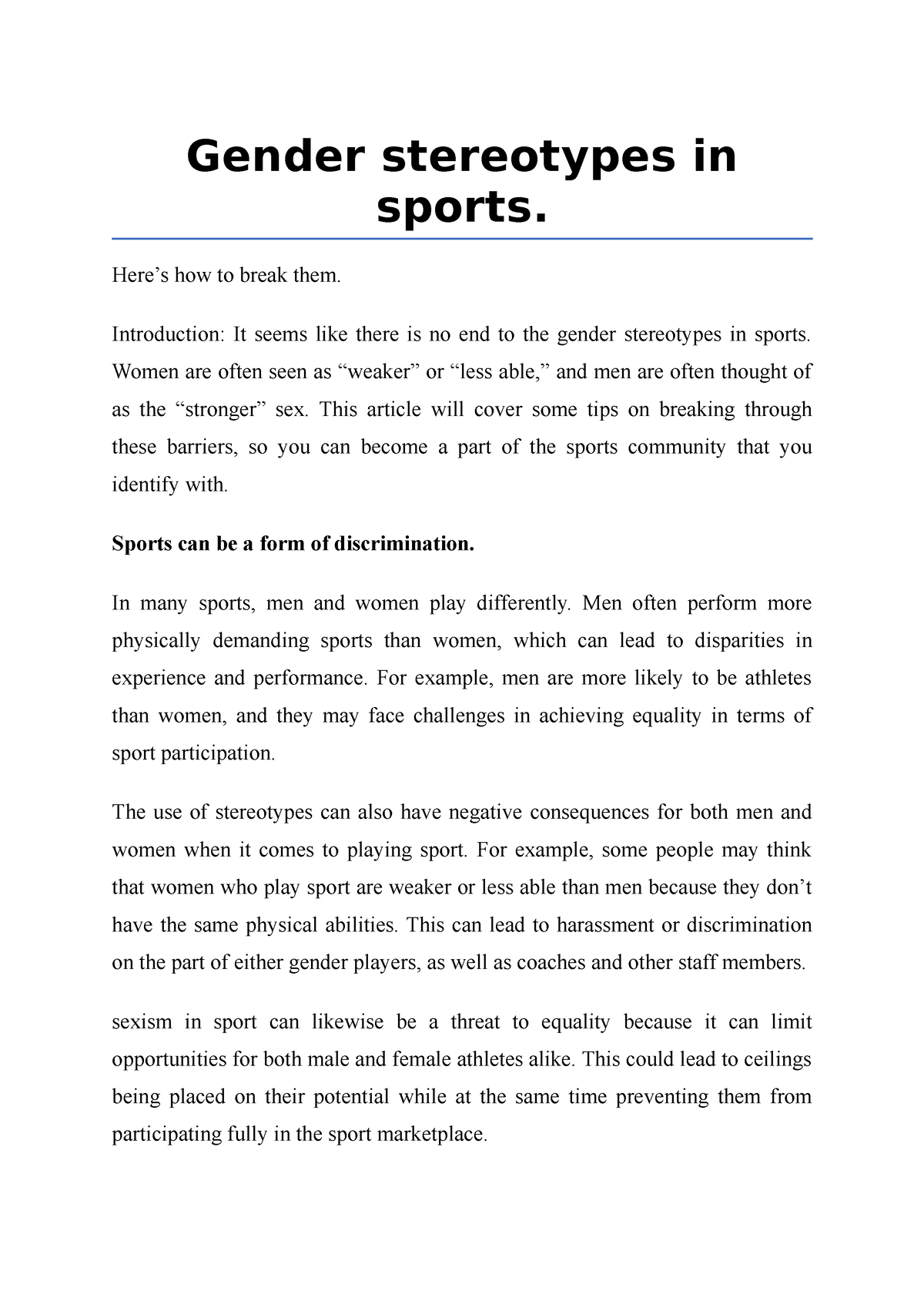 gender stereotypes in sports essay