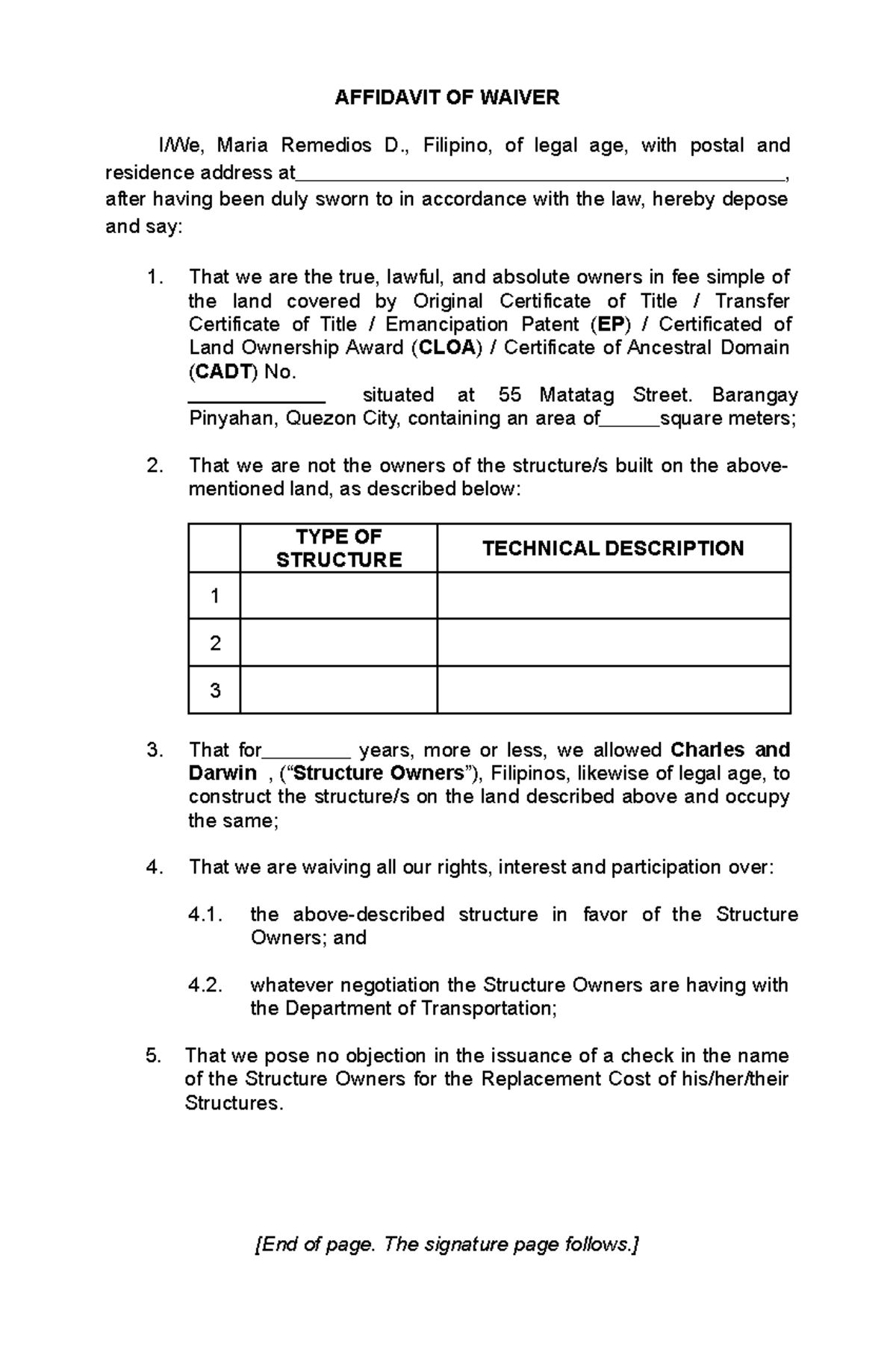 Affidavit of Waiver Darwin A - AFFIDAVIT OF WAIVER I/We, Maria Remedios ...