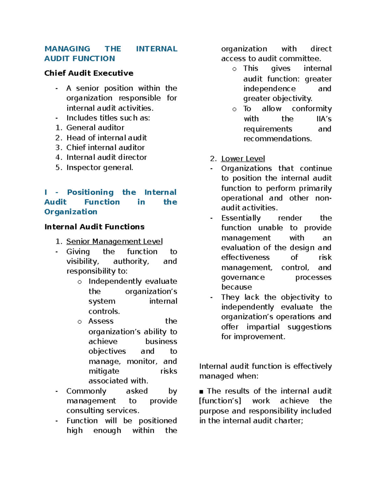 Managing THE Internal Audit Function OP AUD Notes - MANAGING THE ...