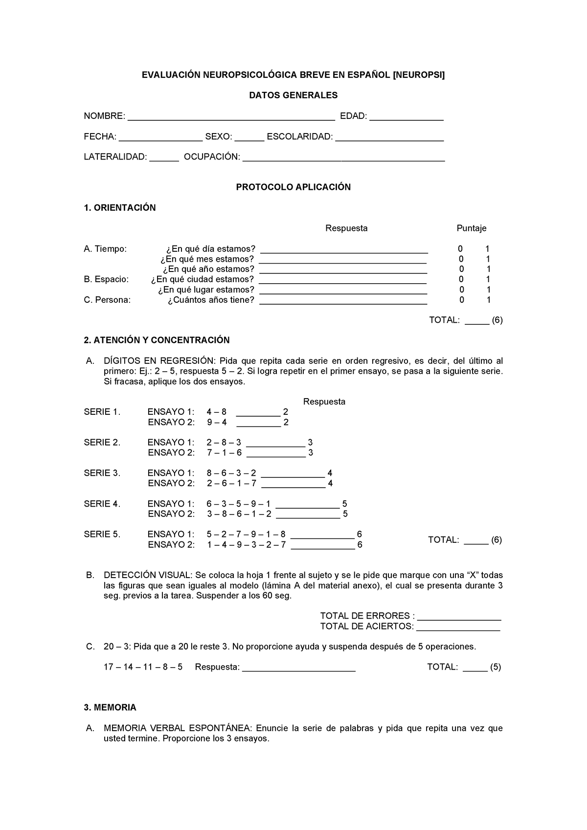 Protocolo Test Neuropsi Evaluaci”n Neuropsicol”gica Breve En Espa—ol Neuropsi Datos 2790