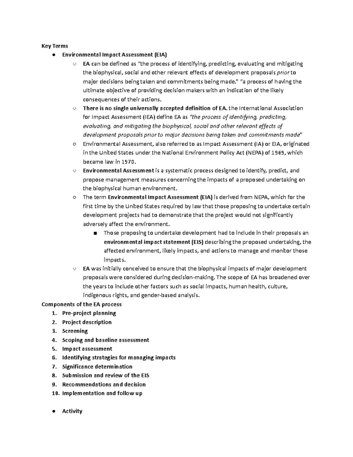 ERS 215 - Module 1 - Key Terms Environmental Impact Assessment (EIA) EA ...