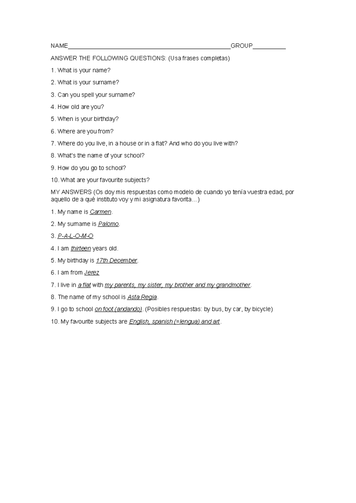 MY Personal Profile - Answer basic questions about yourself - - Studocu