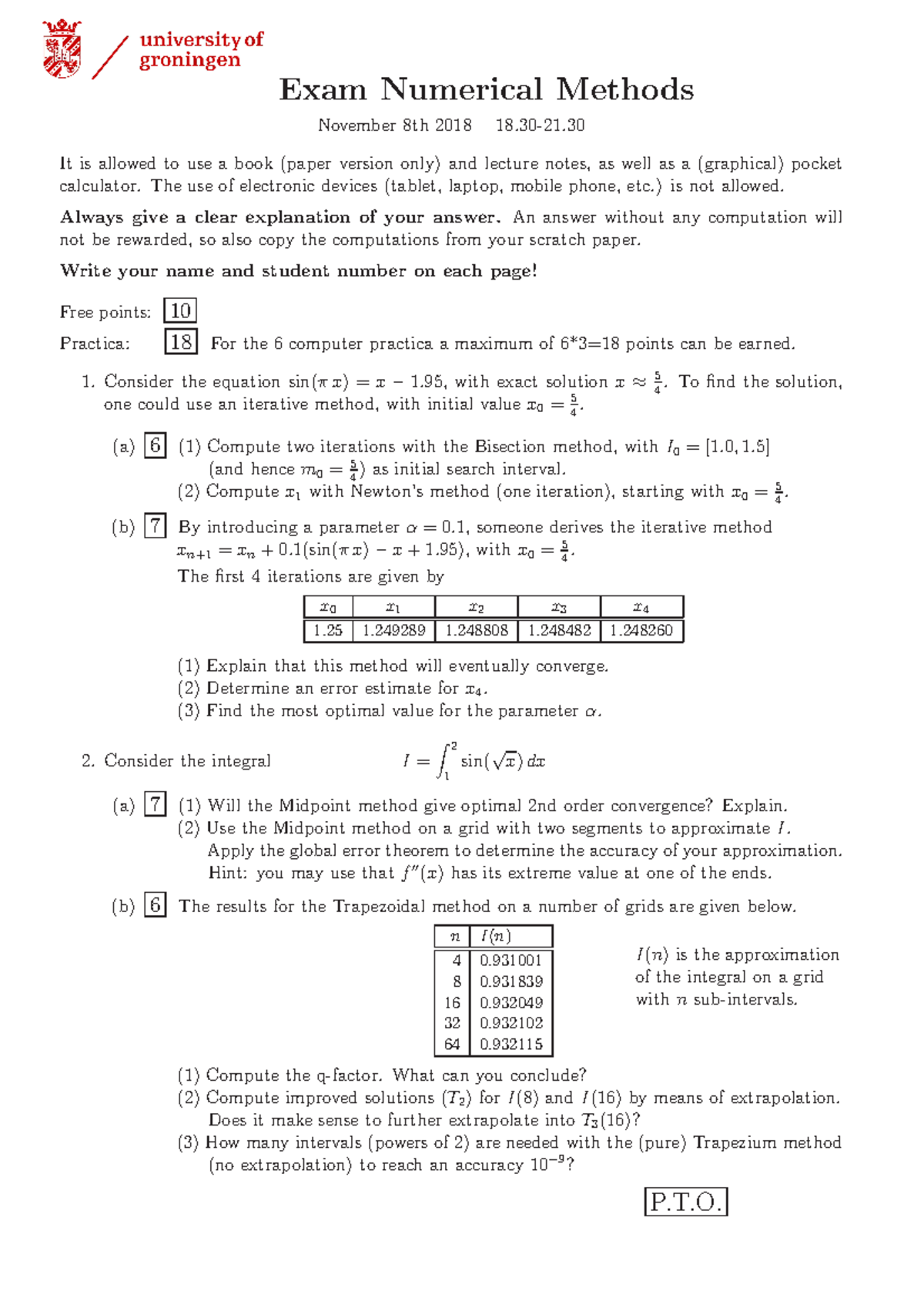 Multiple final exams and resits of the course numerical methods Exam