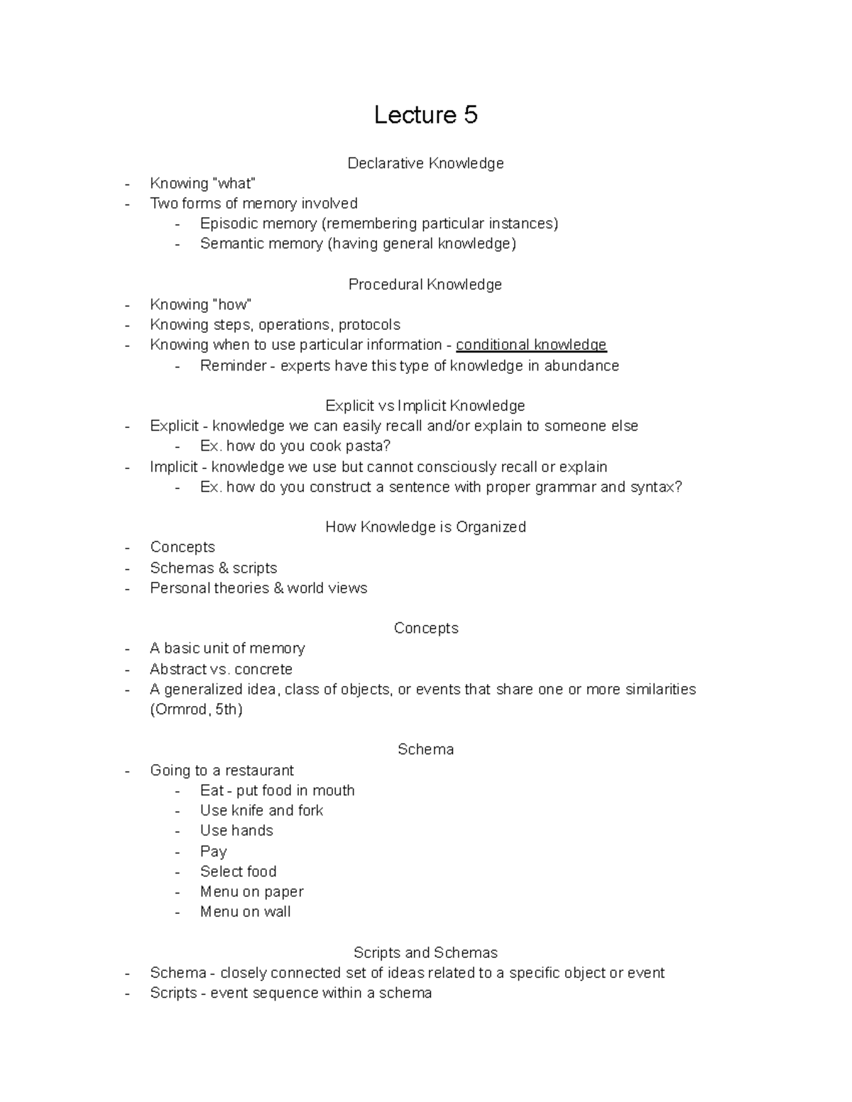 EDU 110 Notes (Lecture 5) - Lecture 5 Declarative Knowledge Knowing ...