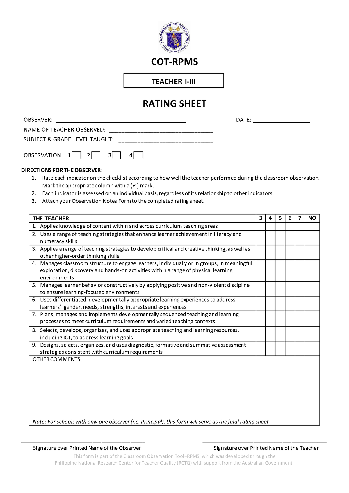 1st Rating Sheet Teacher I Iii Cot Rpms Rating Sheet 0060