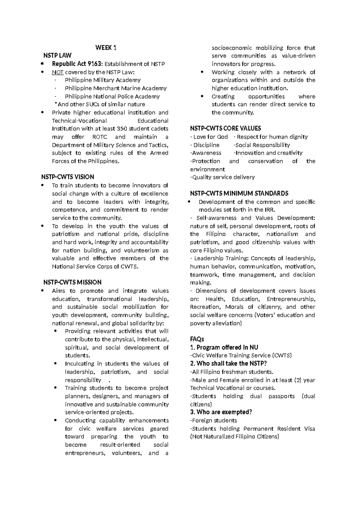 NSTP Notes - WEEK 1 NSTP LAW Republic Act 9163: Establishment of NSTP ...