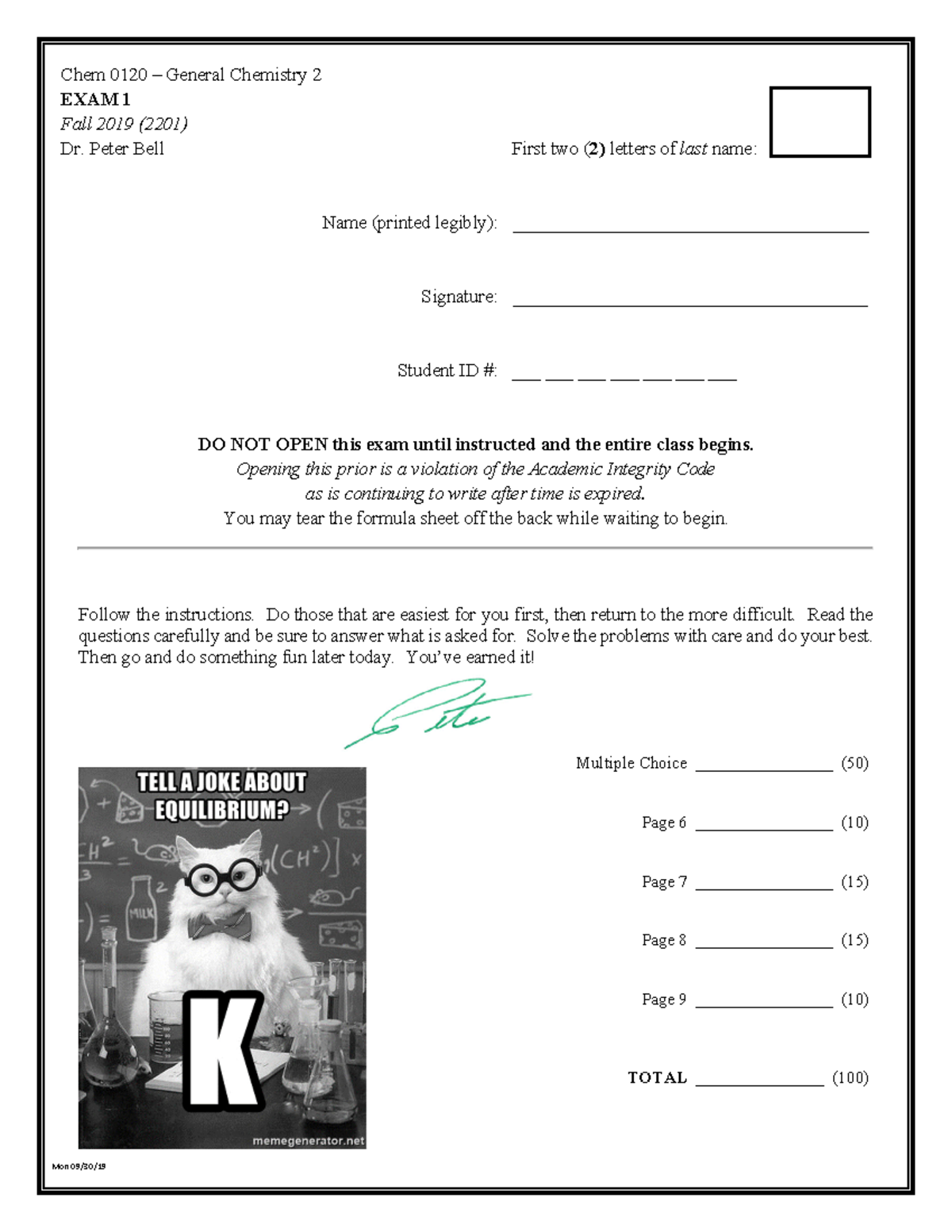 2201 - 0120 - Exam 1 - practice exam fro pete - Chem 0120 – General  Chemistry 2 EXAM 1 Fall 2019 - Studocu