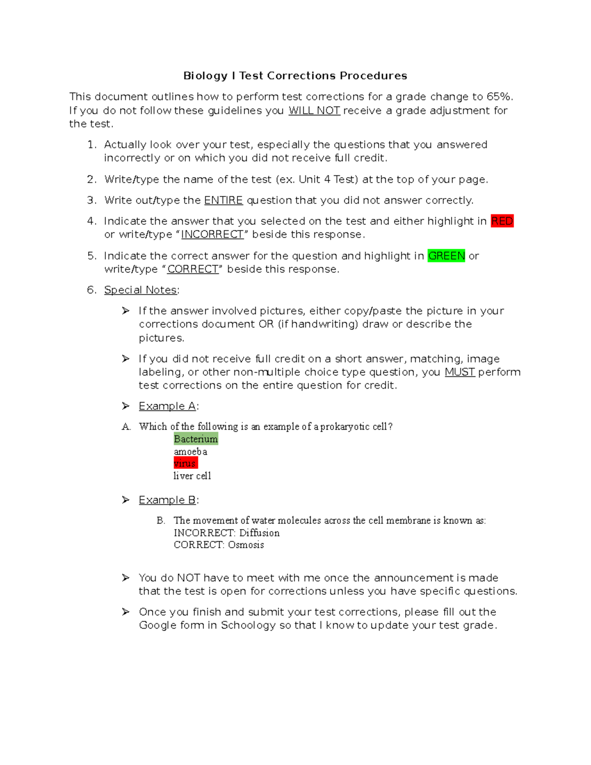 Test Corrections Procedures If you do not follow these guidelines you