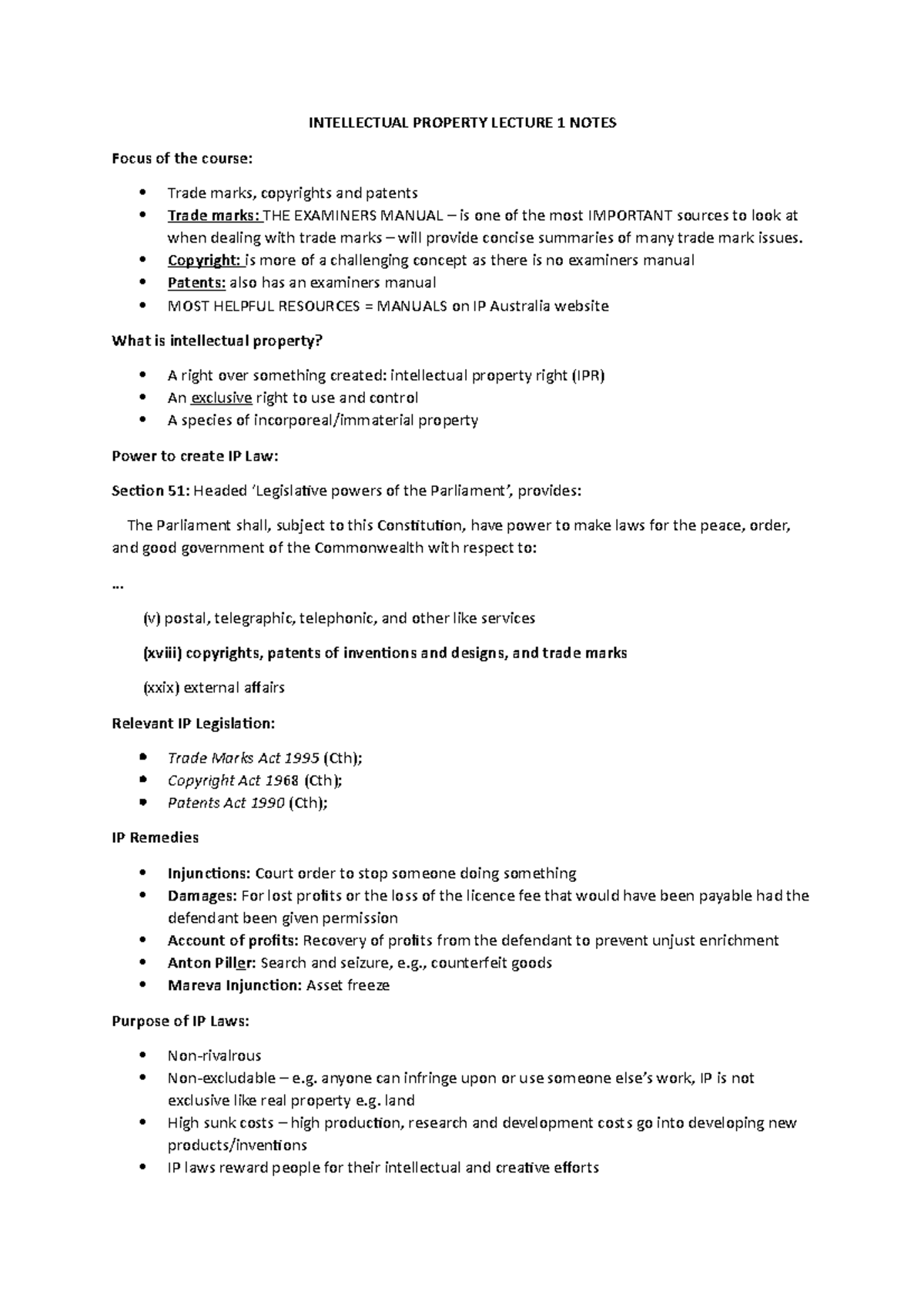 MLL410 Notes - INTELLECTUAL PROPERTY LECTURE 1 NOTES Focus of the ...