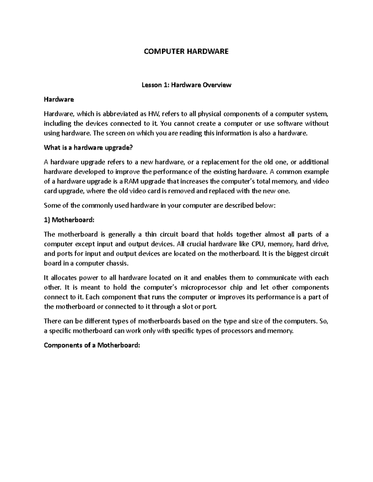 IT01 Chapter 3 - COMPUTER HARDWARE - COMPUTER HARDWARE Lesson 1 ...