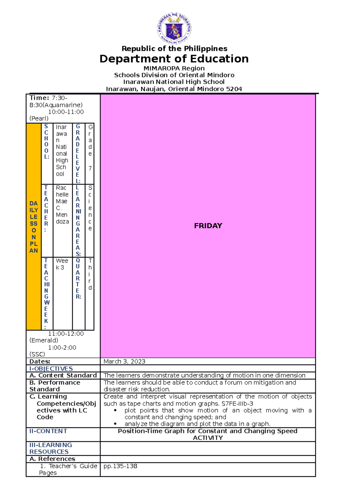 March 3 Lesson Plan Republic Of The Philippines Department Of Education Mimaropa Region 6136