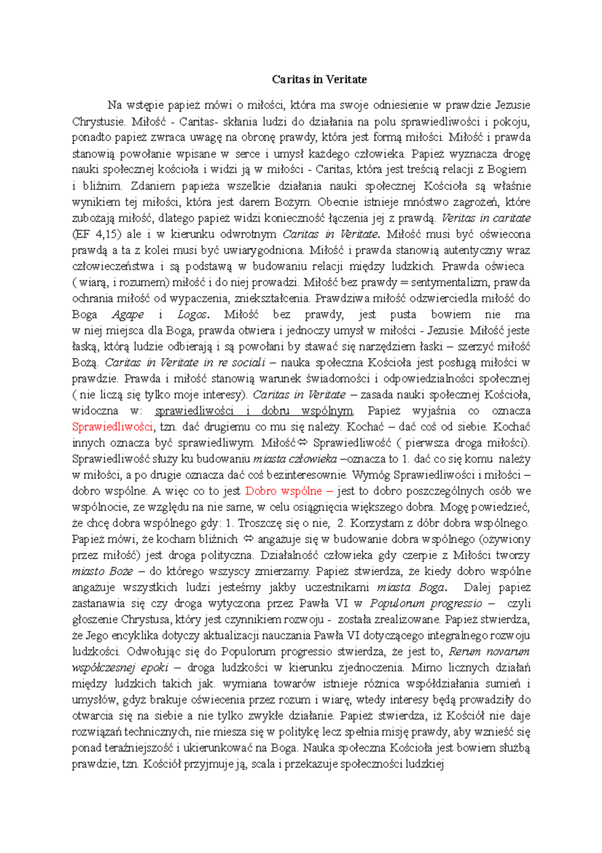 Caritas in Veritate cz. I - Caritas in Veritate Na wstępie papież mówi ...