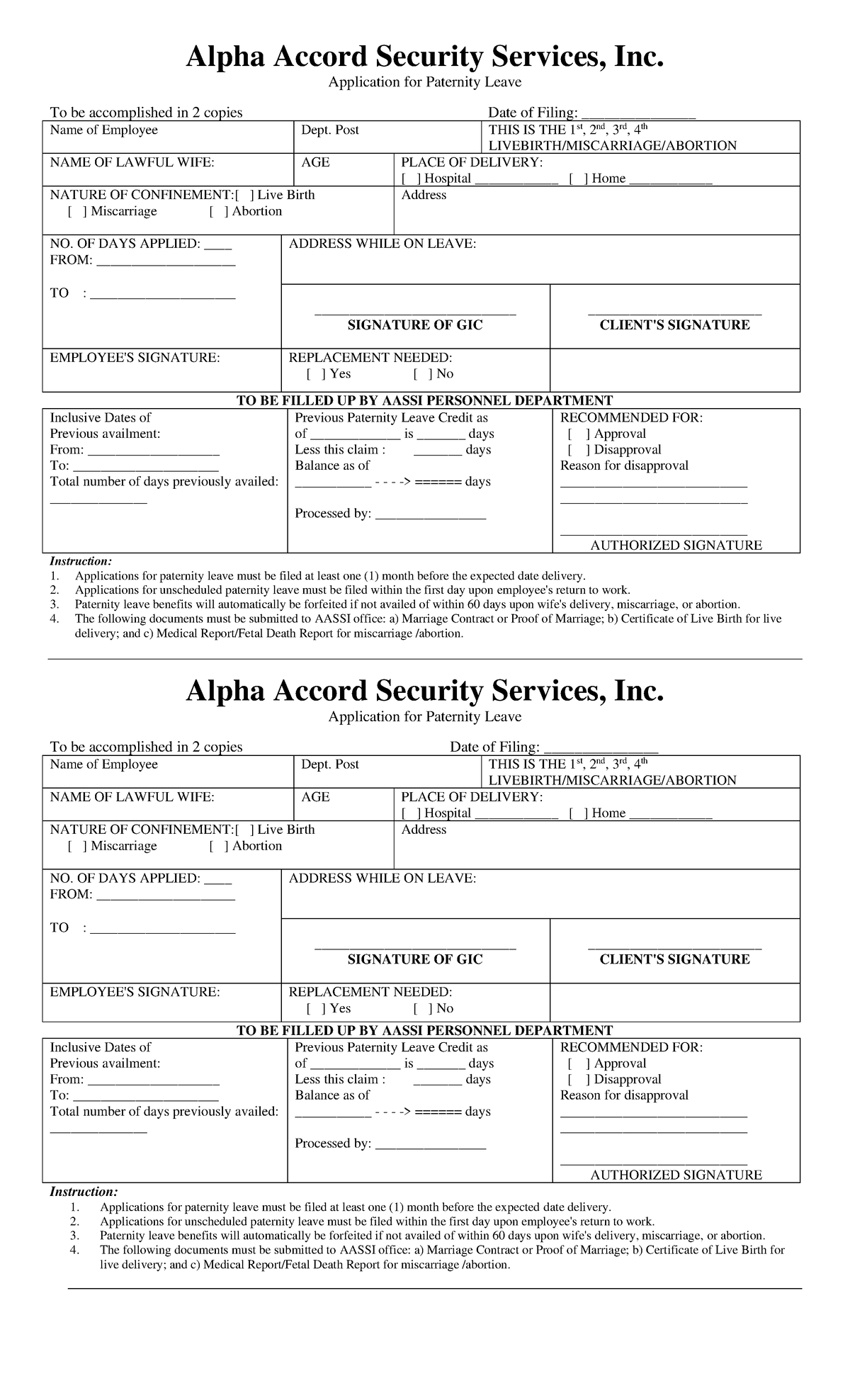 Paternity Leave FORM - social - Alpha Accord Security Services, Inc ...