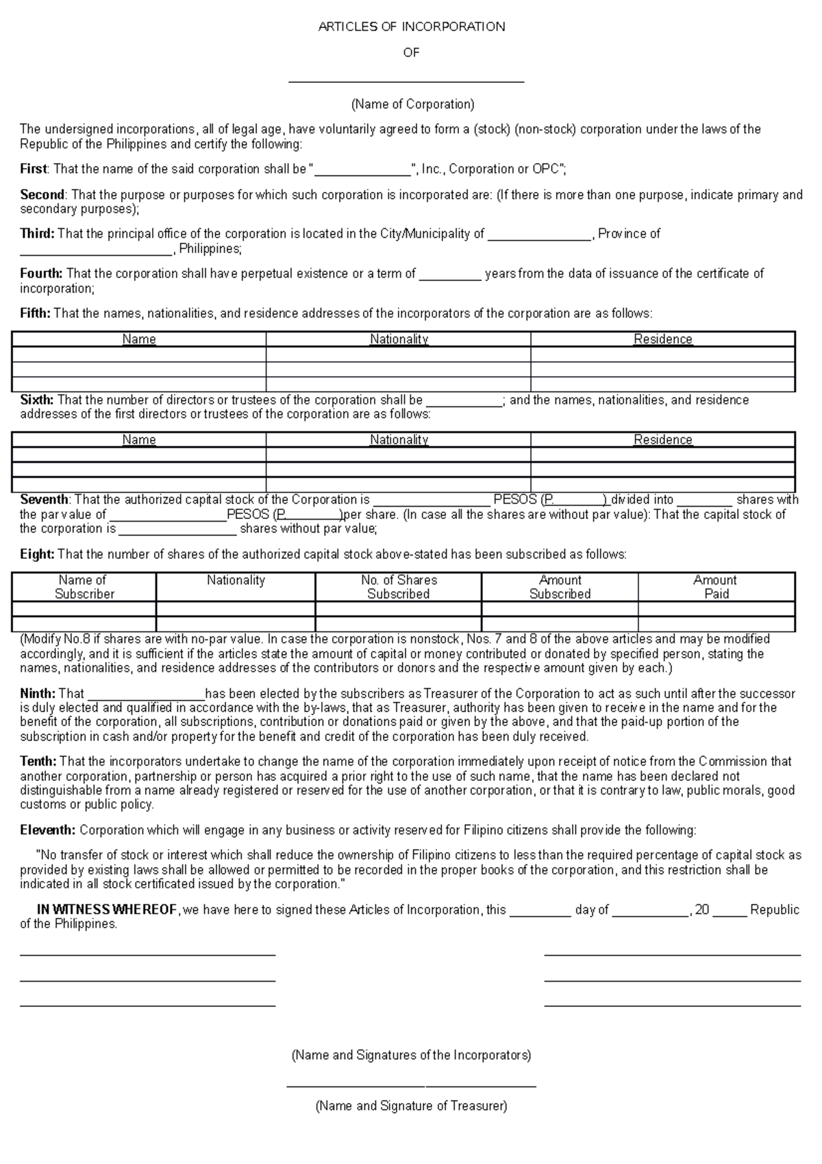 Articles OF Incorporation - ARTICLES OF INCORPORATION OF (Name of ...