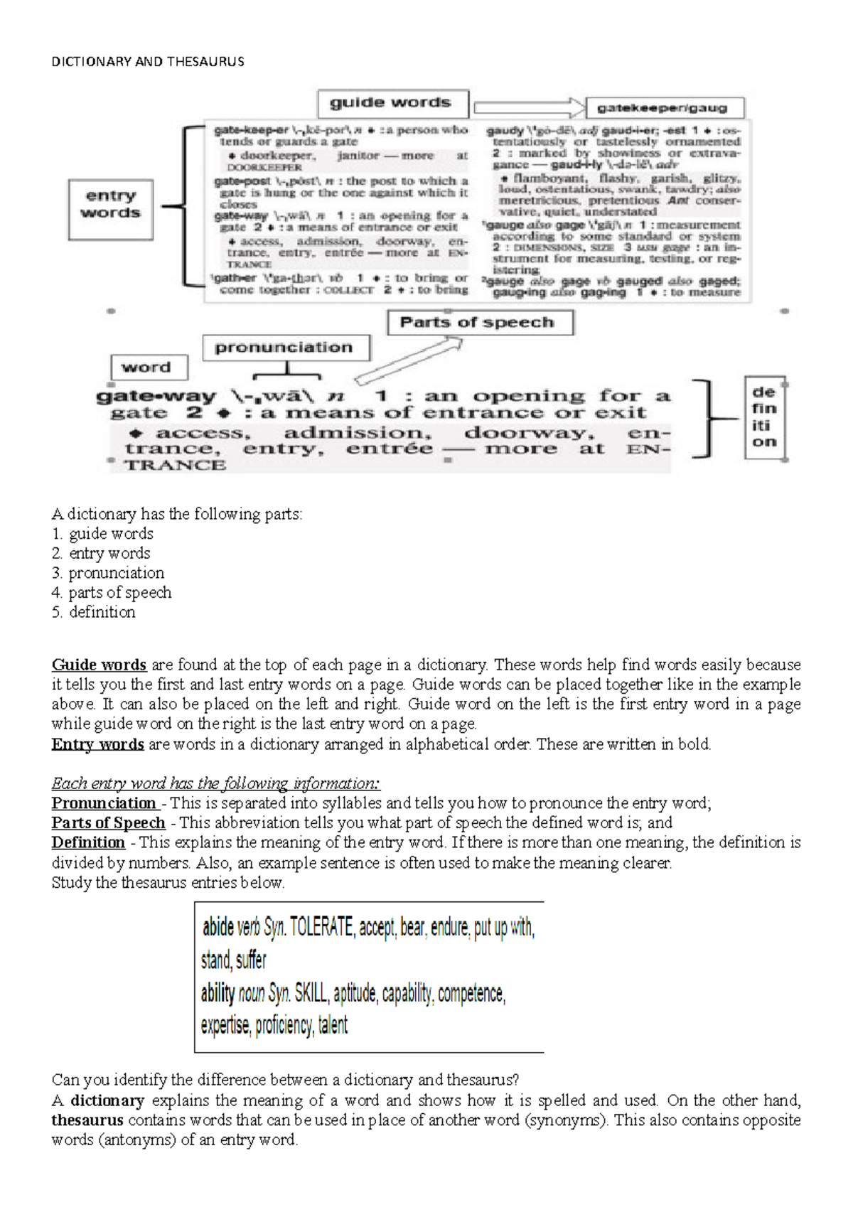 Notes FOR Dictionary - none - DICTIONARY AND THESAURUS A dictionary has ...