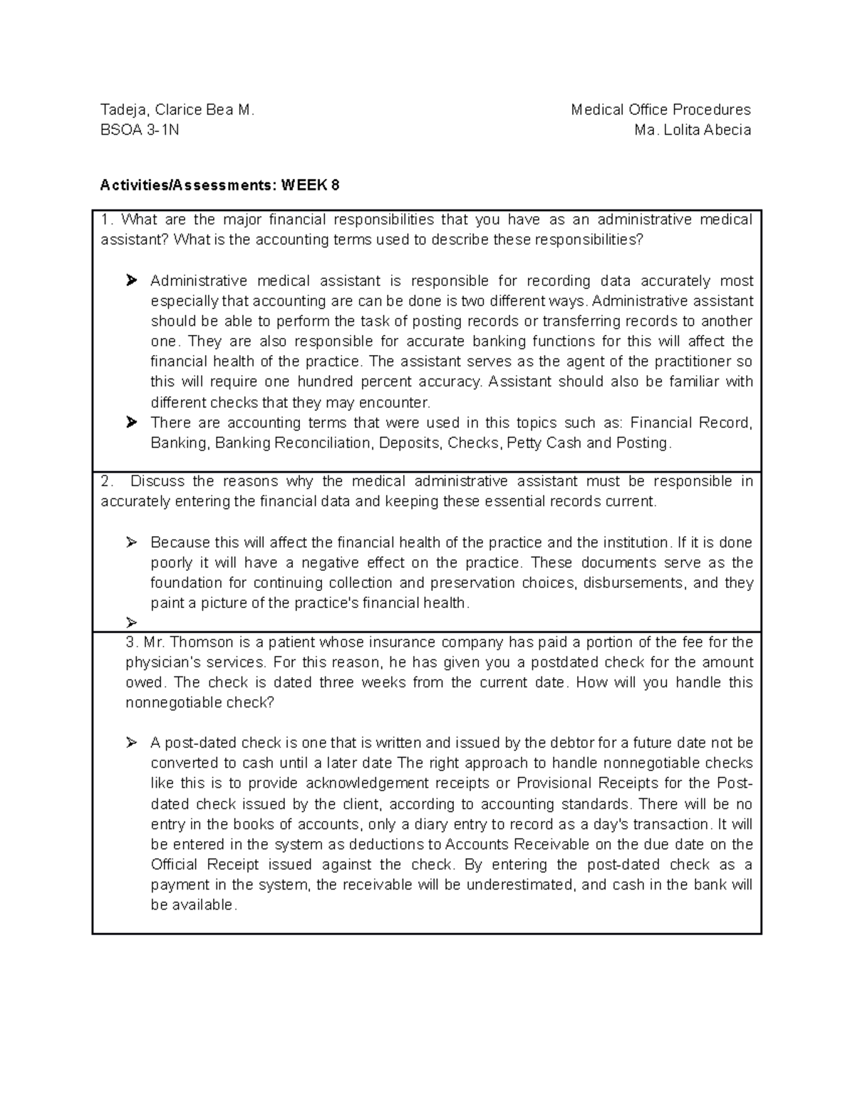 Medical Office Procedures Activities and Assessments Week 8 Tadeja