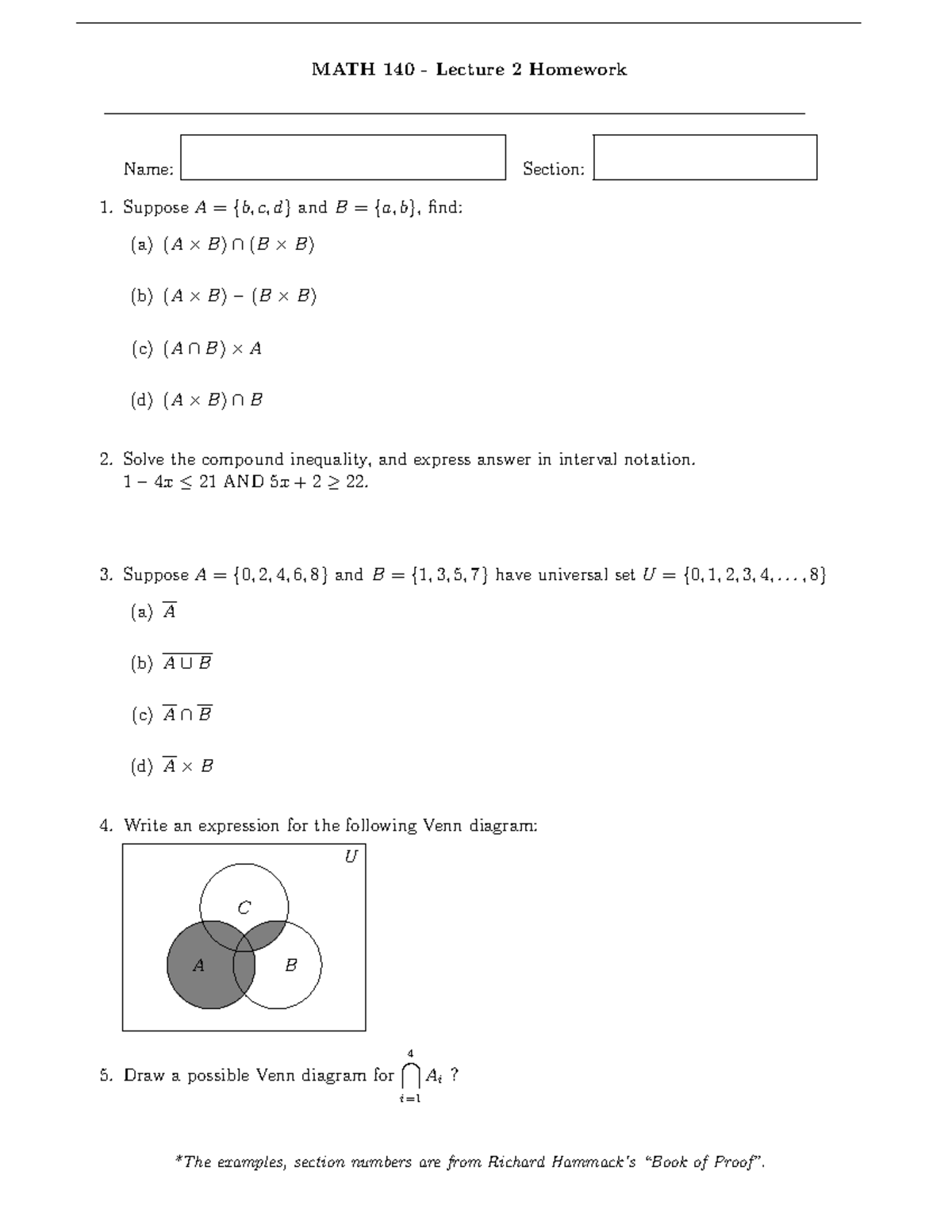 MATH140 Homework 02 - MATH 140 - Lecture 2 Homework Name: Section ...