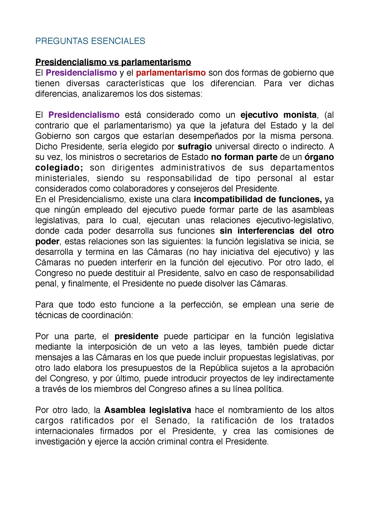 Tema 1 - Presidencialismo Semi - PREGUNTAS ESENCIALES Presidencialismo ...