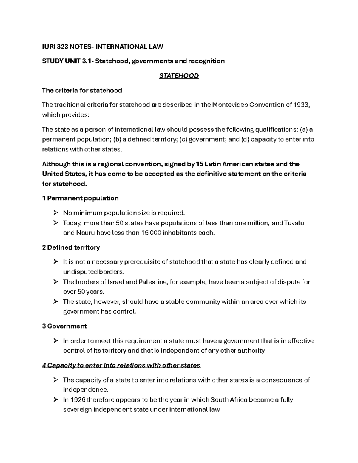 IURI 323 Notes 233 - IURI 323 NOTES- INTERNATIONAL LAW STUDY UNIT 3 ...