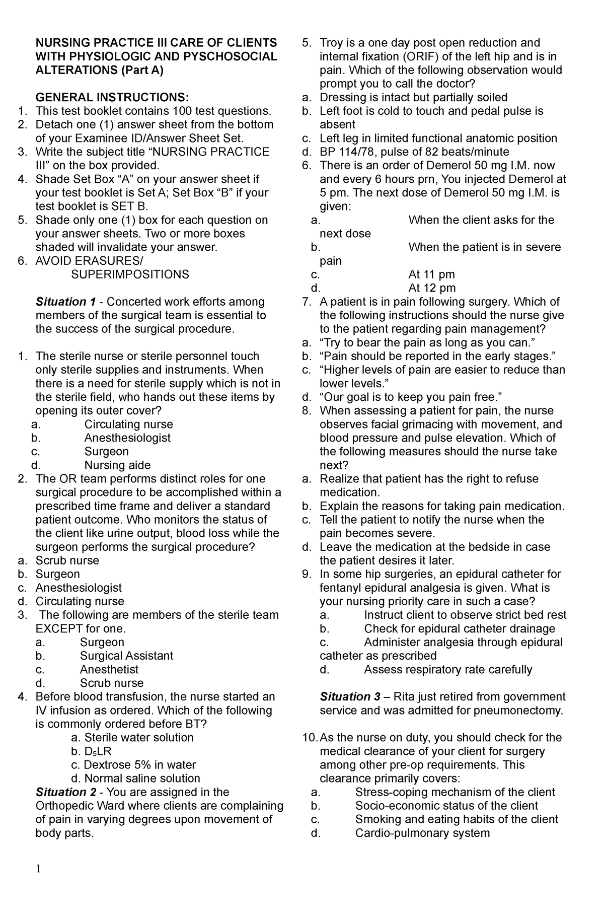 NP 3 MS Questions - NURSING PRACTICE III CARE OF CLIENTS WITH ...