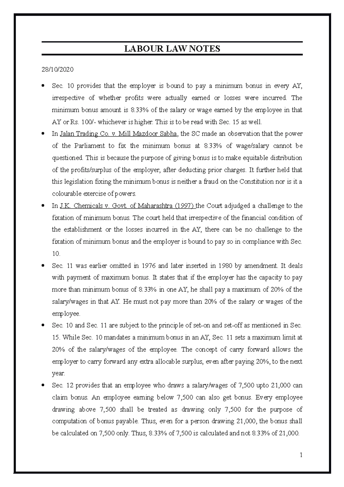 Notes labour law - these are short explanations of all the sections of ...