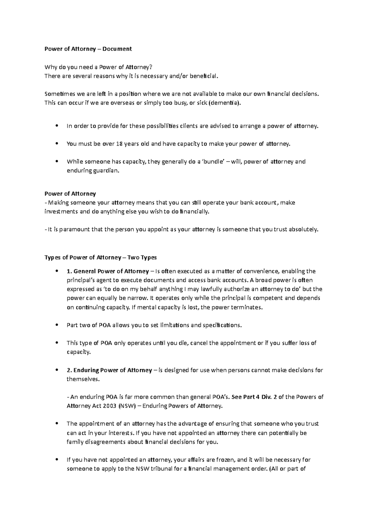 Wills 2 - Lecture notes 2 - Power of Attorney – Document Why do you ...