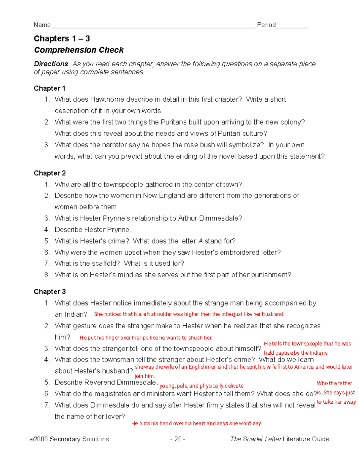 Chapter 1-3 Scarlet Letter - Name Period ©2008 Secondary Solutions - 28 ...